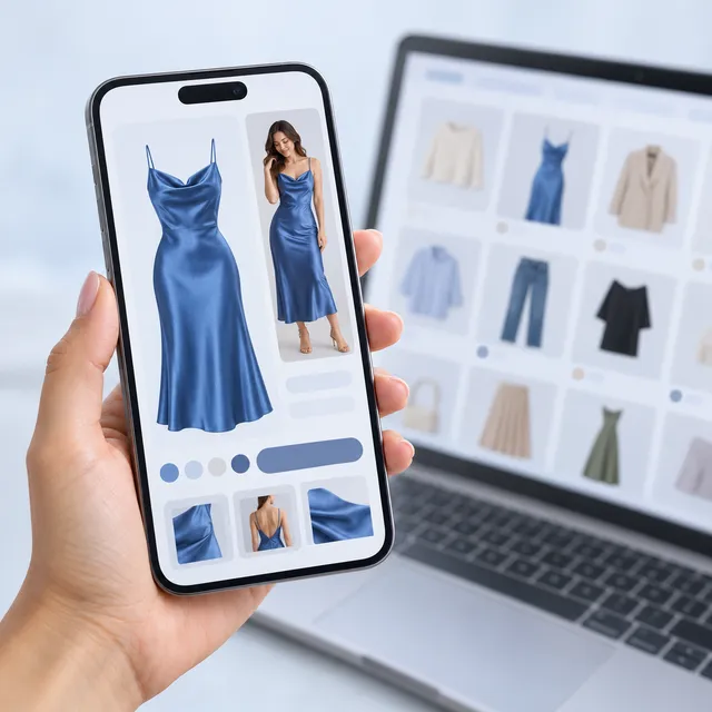A hand holding a phone showing a blue satin dress on an online store page, with a laptop of clothing products in the background